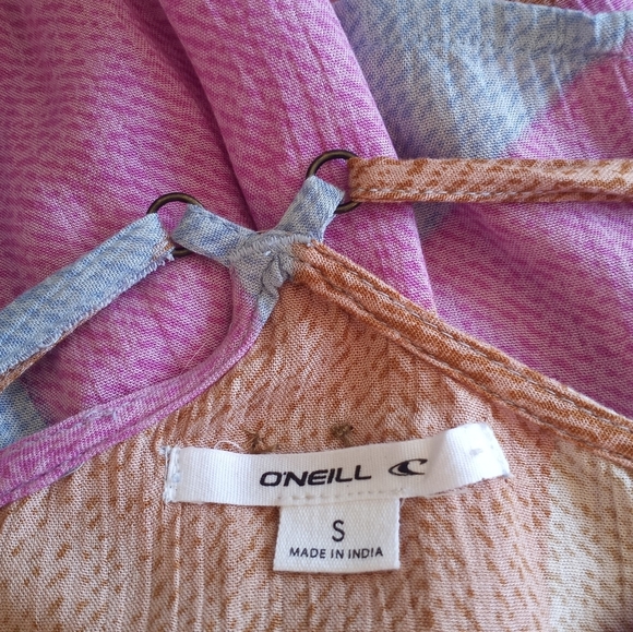 O'Neill Marlo Beige Icy Blue Pastel Pink Flowy Silky Halter Coastal Wrap Dress - Picture 11 of 12